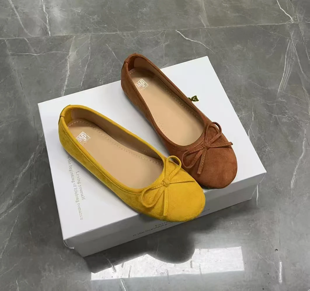 上美高蝴蝶结薄款前系带圆头极简风单鞋浅口尖头夏季百搭-25B069