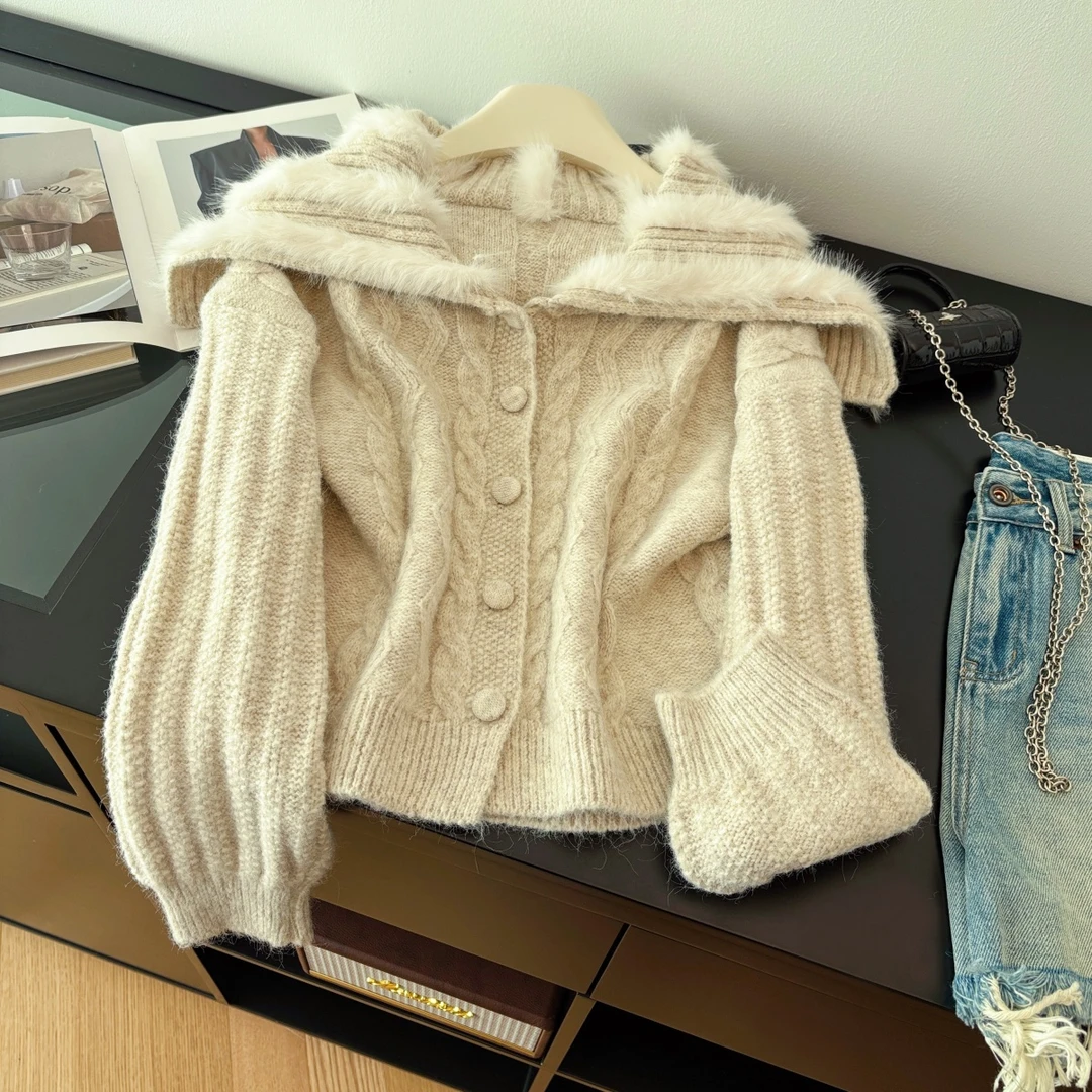 冬季韩版加厚毛绒绒毛衣外套女秋冬季新款百搭单排扣宽松显瘦开衫