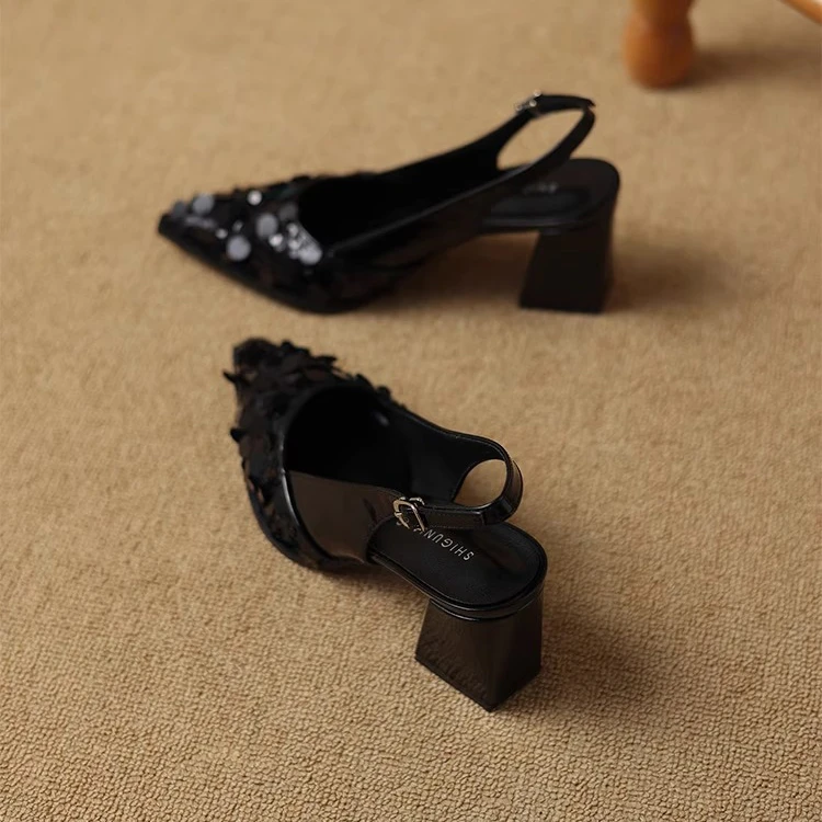 法式粗跟单鞋夏季凉鞋百搭黑色春夏尖头时尚气质鞋