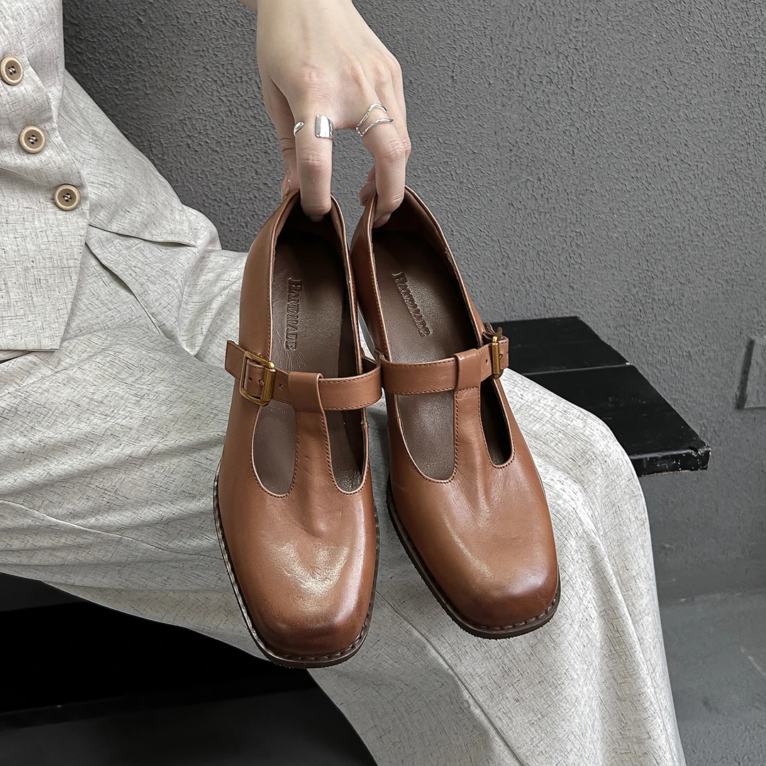 法式复古真皮粗跟玛丽珍鞋女2025秋季新款T字带浅口方头高跟单鞋