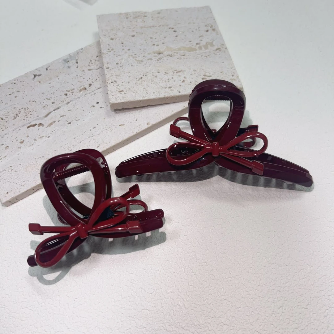 MY SISTERS韩饰气质百搭酒红色新年款蝴蝶结大容量抓夹L122103