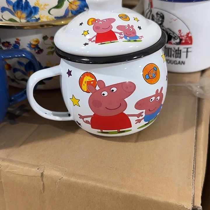 8公分特厚小猪佩奇搪瓷大肚杯,带盖