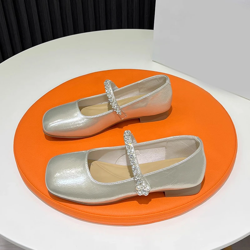 香槟金一字带水钻平底玛丽珍鞋女2025新款方头浅口软底单鞋