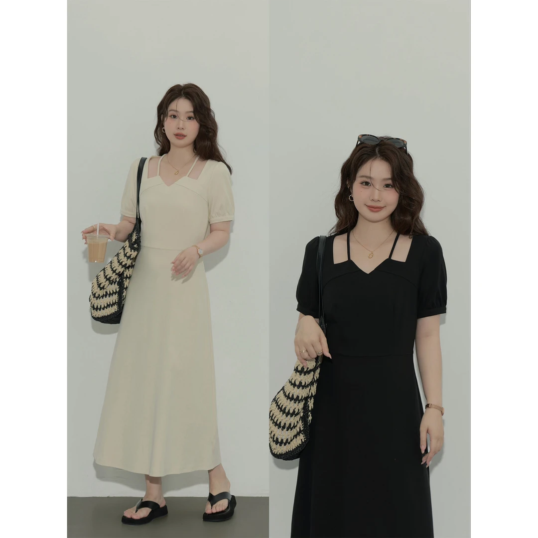 现货5013D大婉酱微胖定制法式挂脖裙女夏季显瘦A字小众气质连衣裙