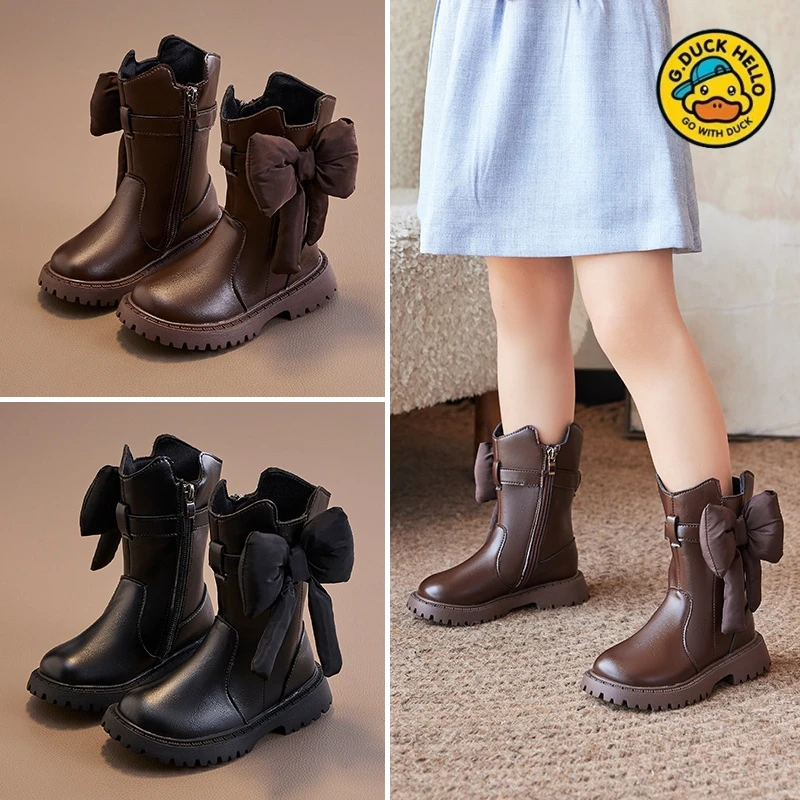 小黄鸭女童靴子秋冬季加绒软底筒靴蝴蝶结皮靴长靴儿童2025年新款
