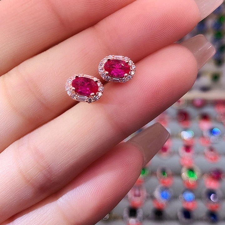 红宝石耳饰银S925镶嵌