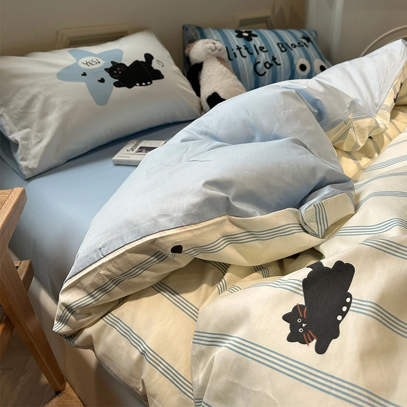 朵罗塔丨小清新蓝色条纹床单四件套纯棉100%全棉被套床笠床上用品