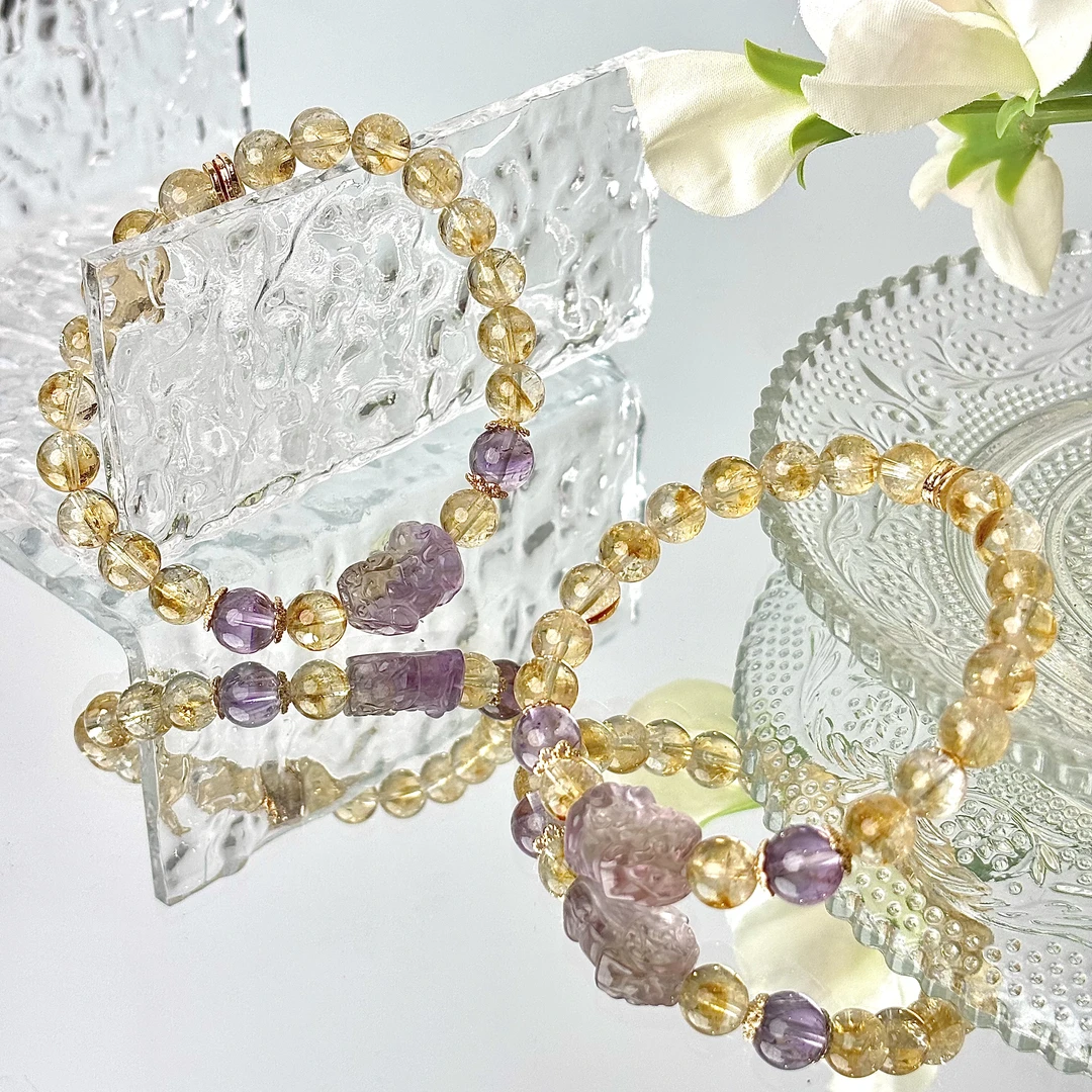 【恭喜发财】紫水晶貔貅黄塔晶7-8mm手串面小仙多样性发其一