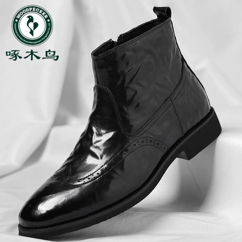 啄木鸟切尔西靴男士秋冬加绒英伦时尚马丁靴商务正装雕花高帮皮鞋