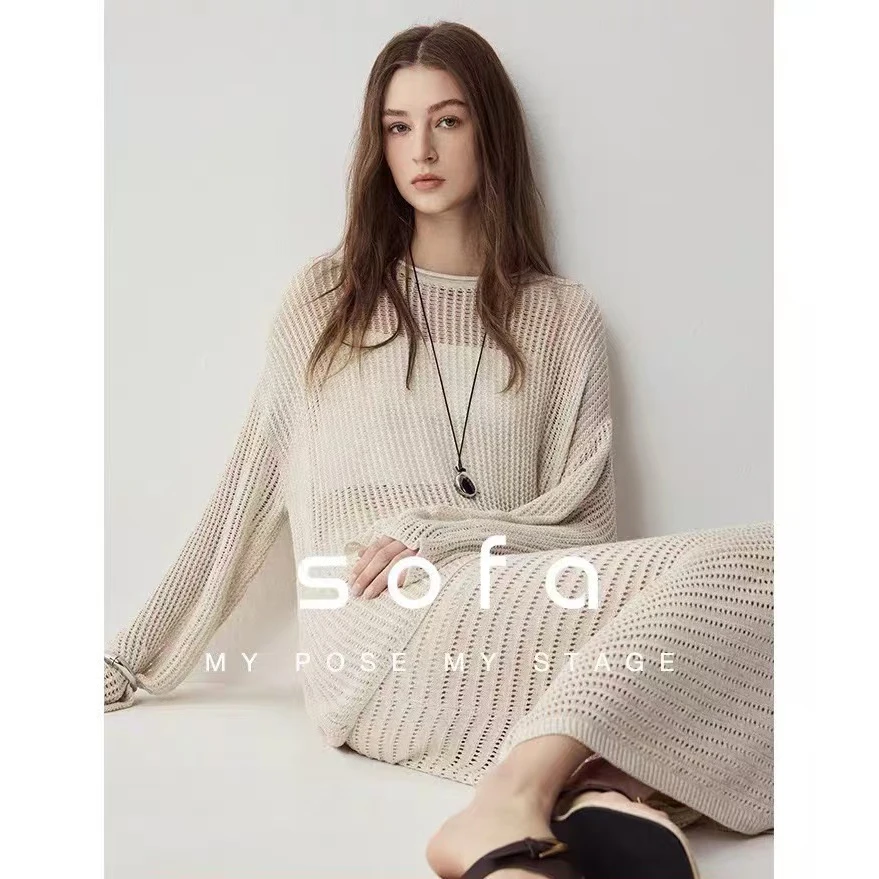 慵懒度假镂空亚麻！天丝混纺显瘦纸片人宽松针织衫+半身裙女上衣