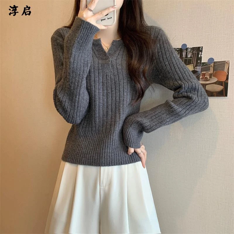 淳启半开领针织打底衫女士秋款洋派内搭套头毛衣修身显瘦保暖上衣