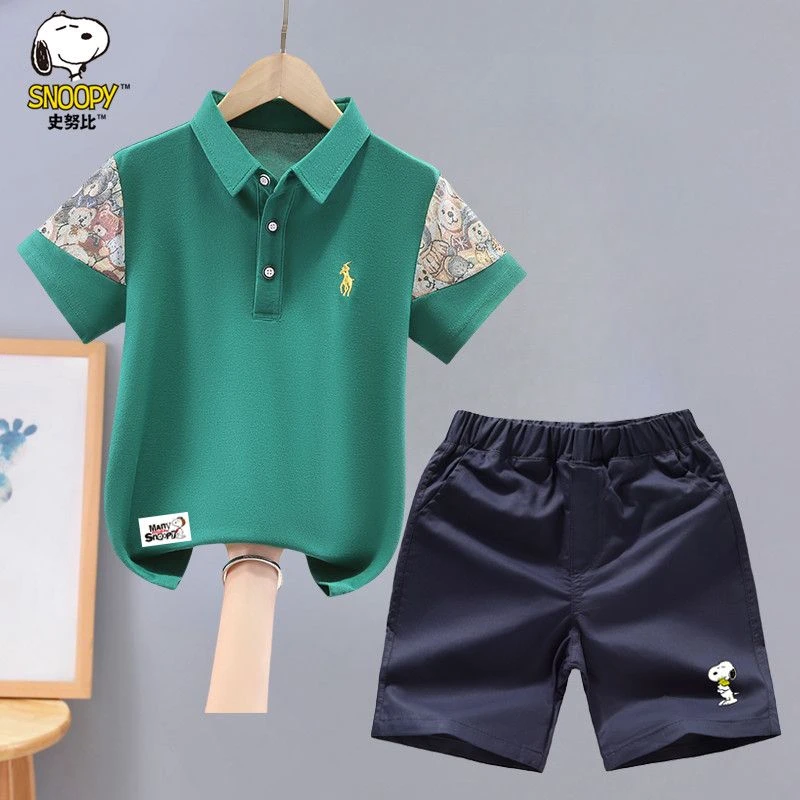 史努比男童套装夏装2025新款洋气中大童男孩短袖POLO衫短裤两件套