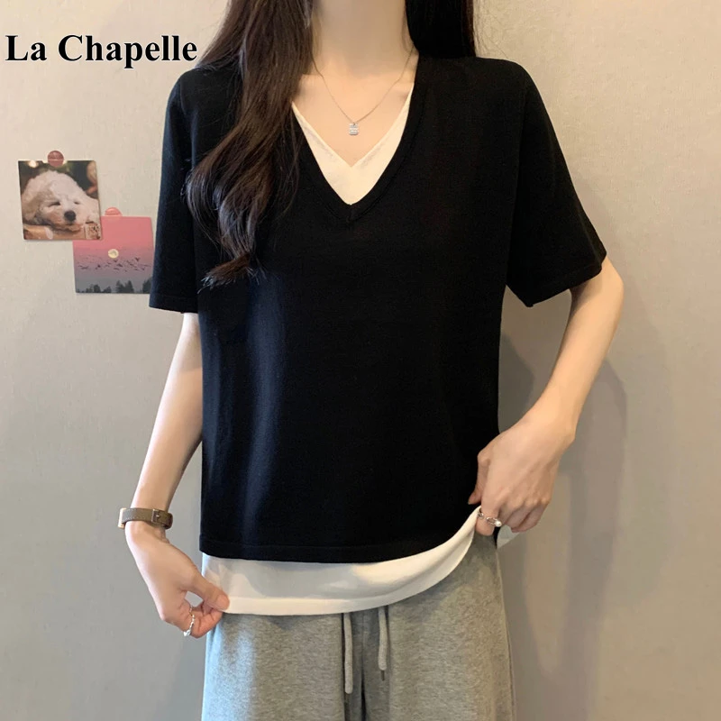 拉夏贝尔大码冰丝假两件v领短袖t恤女2025夏新款胖mm宽松显瘦上衣