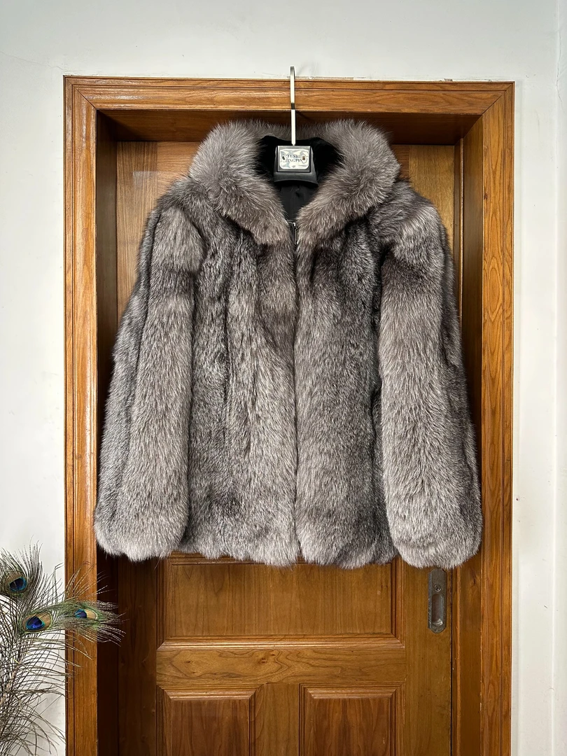 原生态进口银兰短款连帽狐狸背毛狐狸皮草