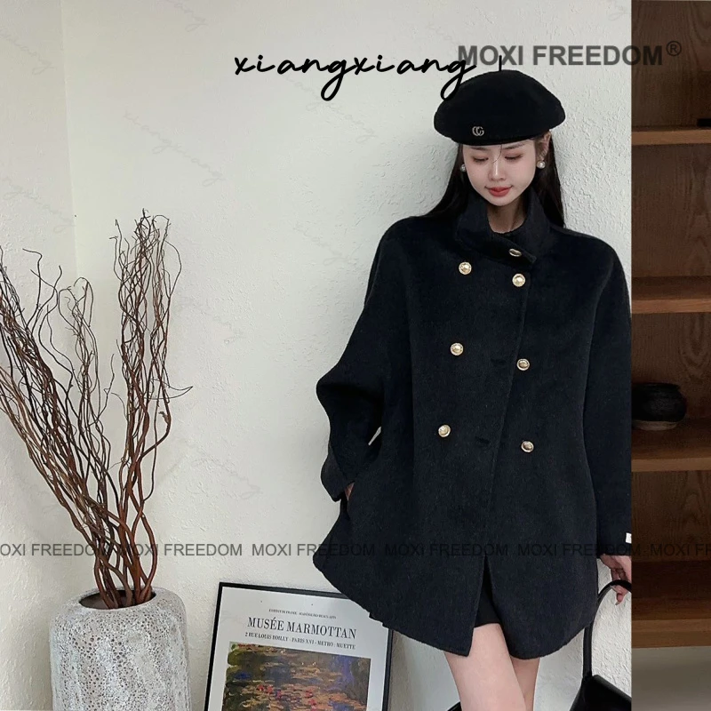 【西奢郡】A秋冬款韩版金扣宽松黑色中款双面毛呢大衣女装外套