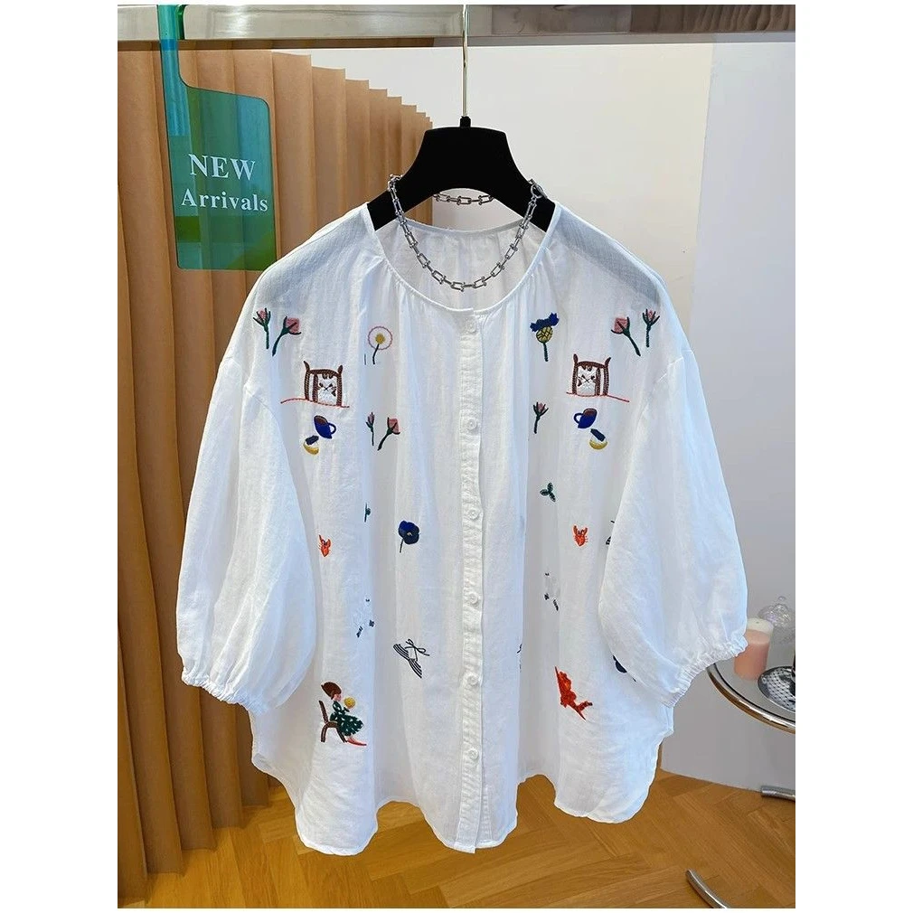 胖妹妹大码300斤设计感刺绣短袖T恤女夏季宽松休闲显瘦五分袖上衣