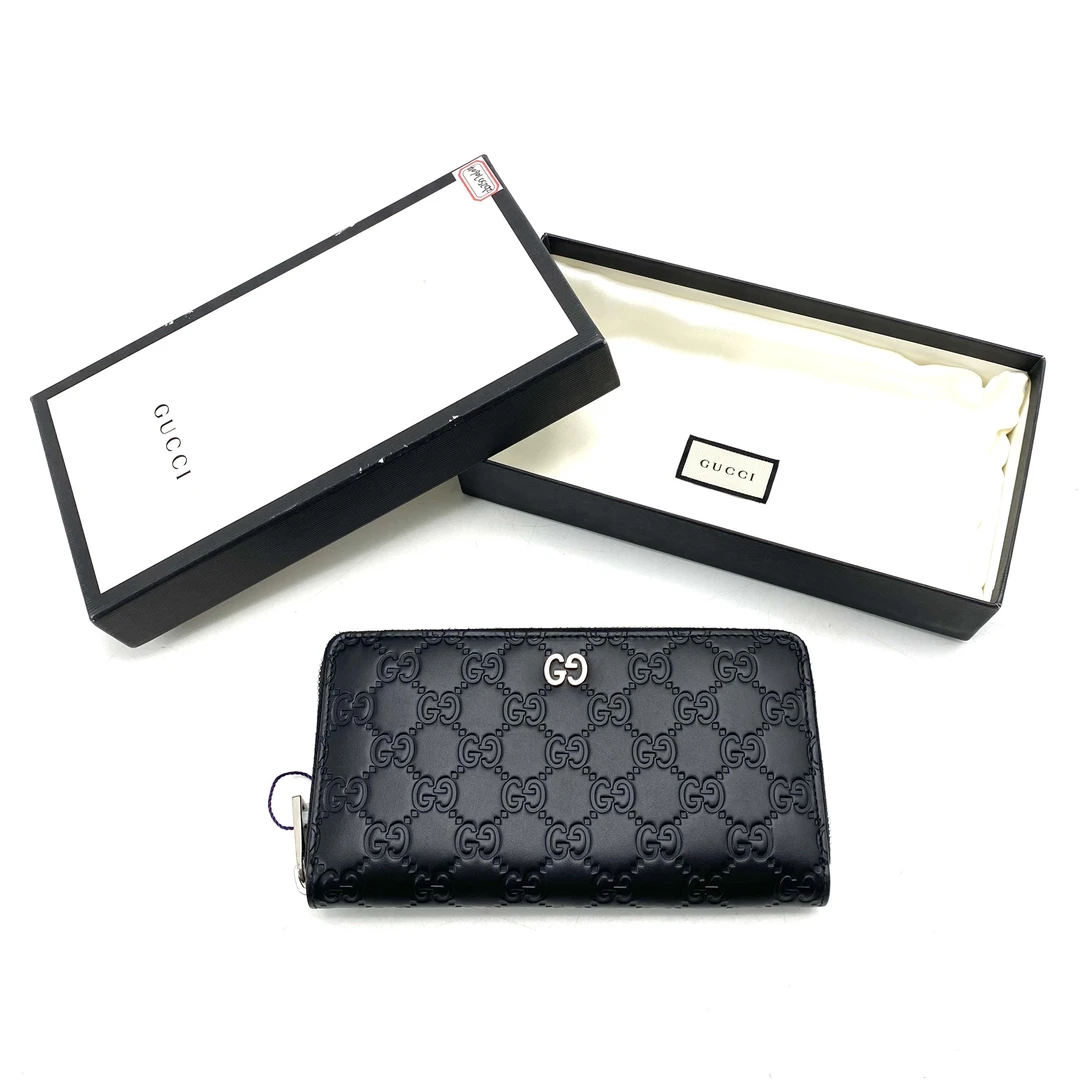 99新 GUCCI/古驰 黑色全皮压花拉链钱包 尺寸20/10 男款