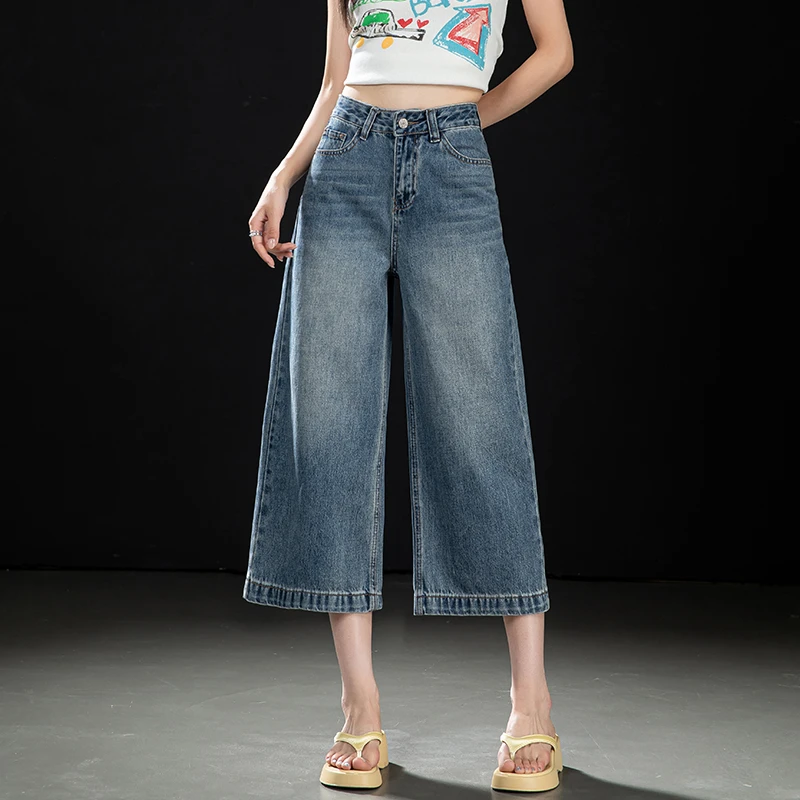 美式复古八分阔腿牛仔裤女2025夏季薄款中裤宽松九分窄版直筒裤子