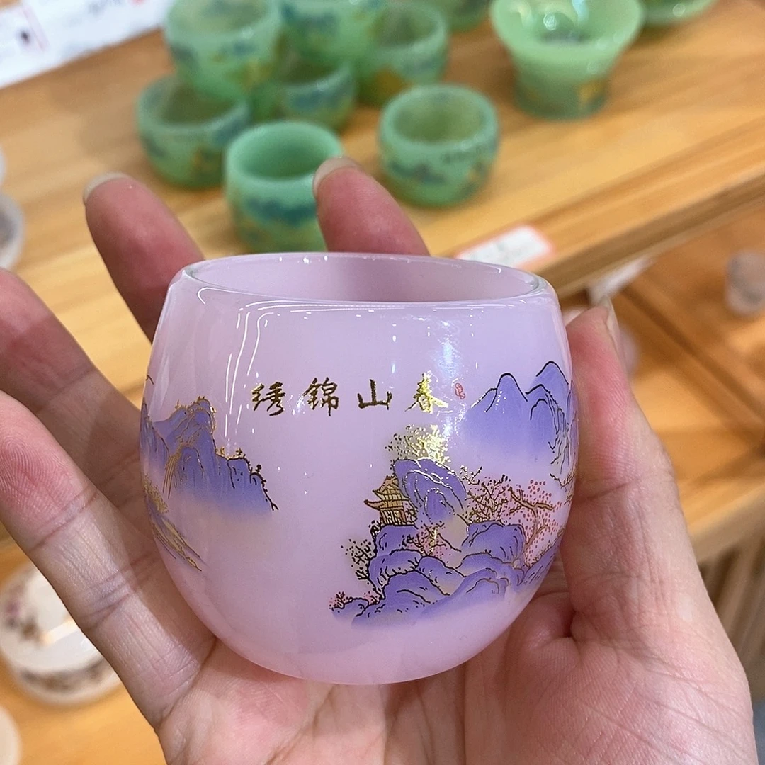 手工艺品琉璃粉红色春山锦绣主人杯