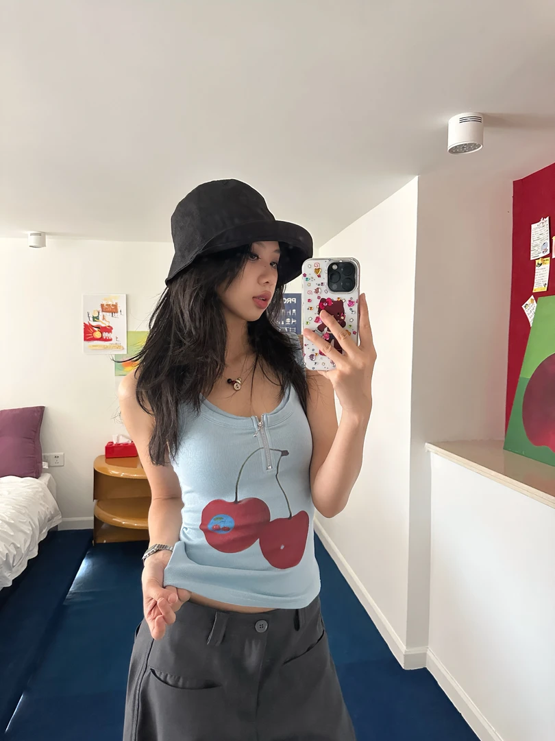 “水果店老板”|虎皮卷美式夏日樱桃香蕉拉链背心吊带#S25627