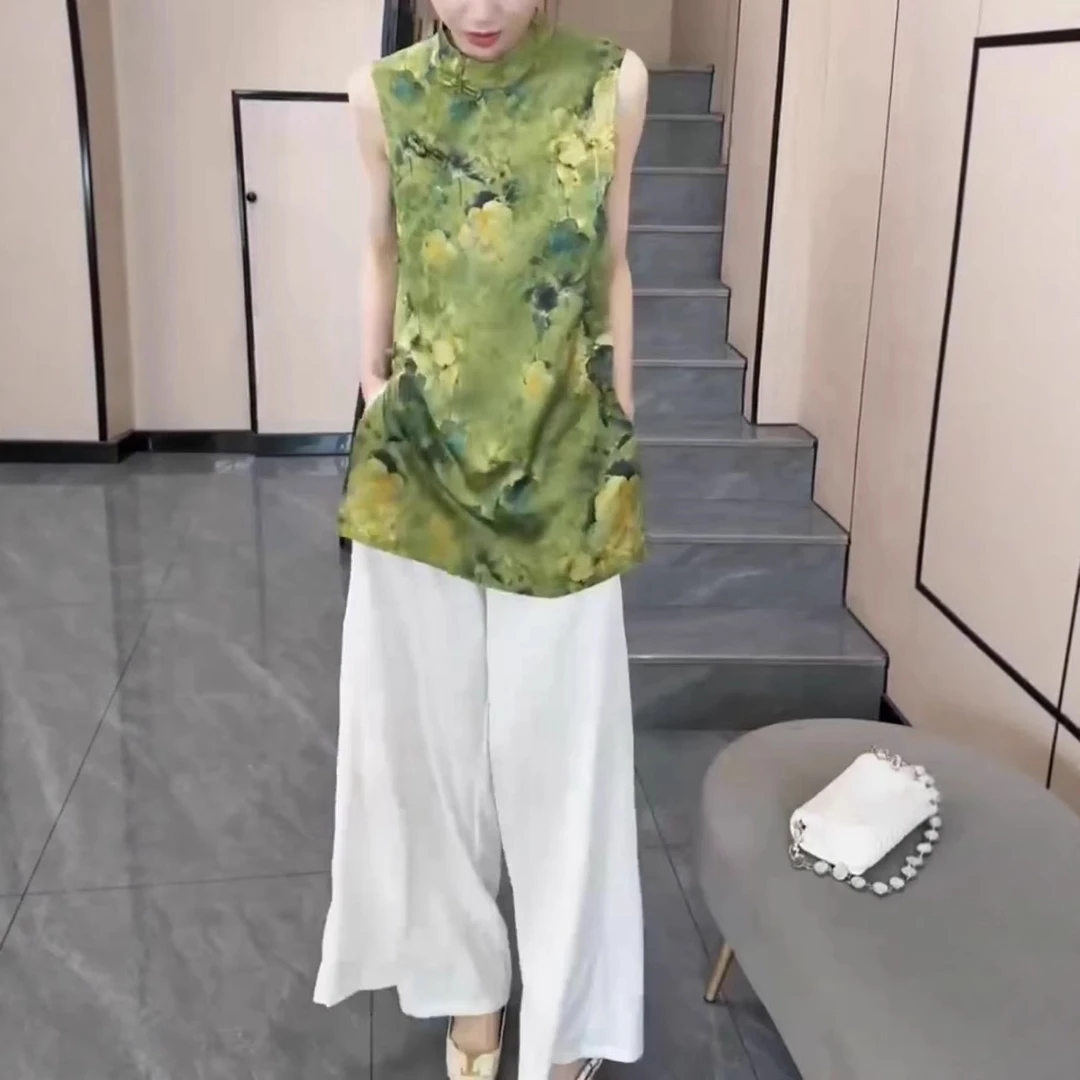夏季新款新中式复古印花上衣高腰阔腿裤女花色时尚