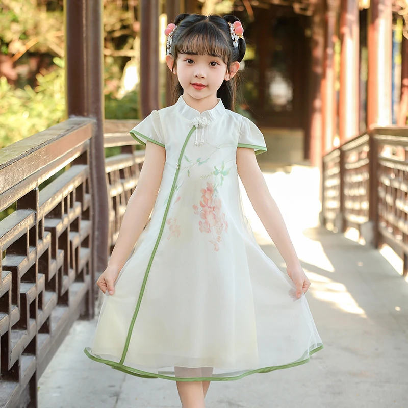 女童旗袍连衣裙夏装新款中大童新中式国风旗袍裙纱裙夏季裙子薄款