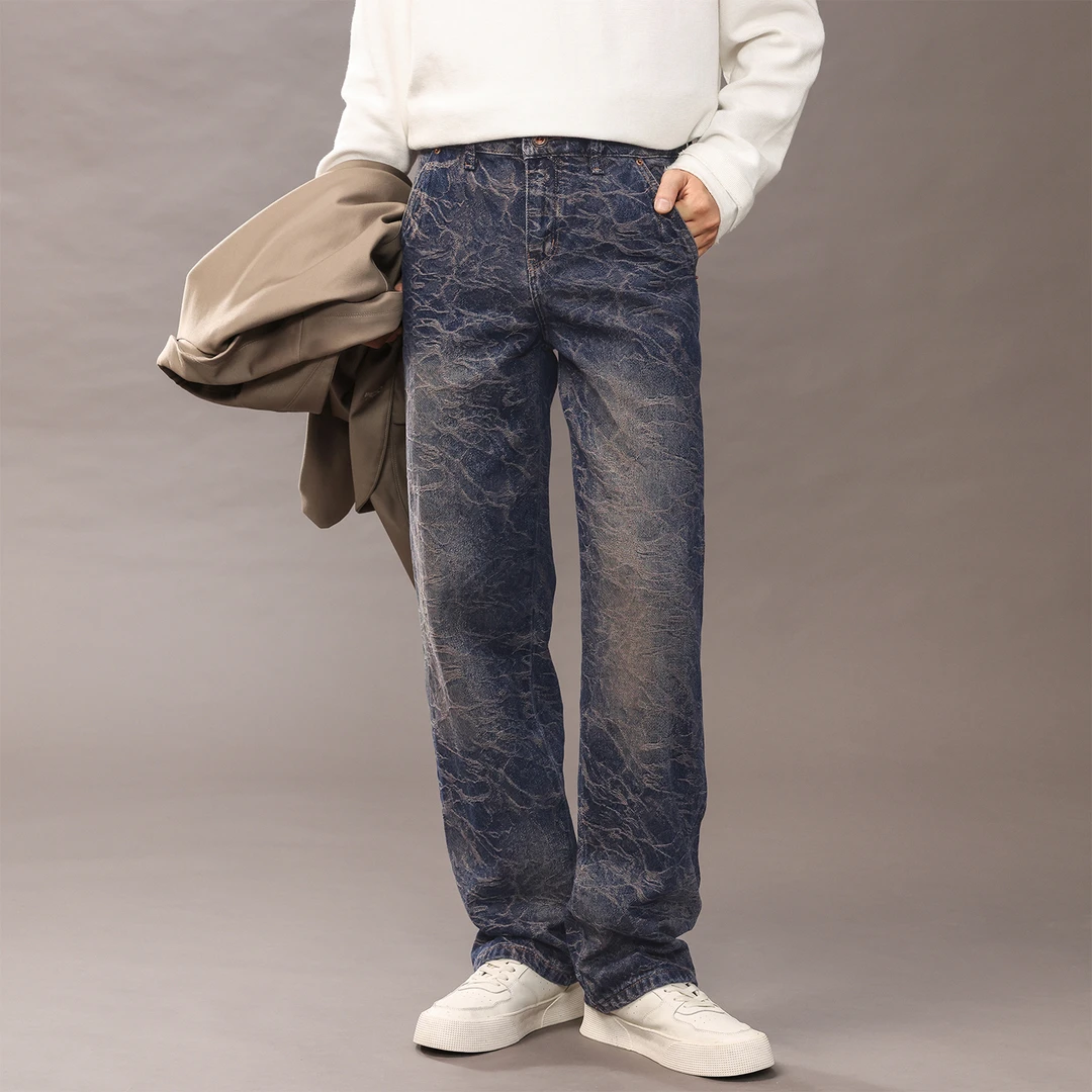 巴黎海浪无弹长裤水洗韩版工装直筒牛仔裤男士印花阔腿裤复古