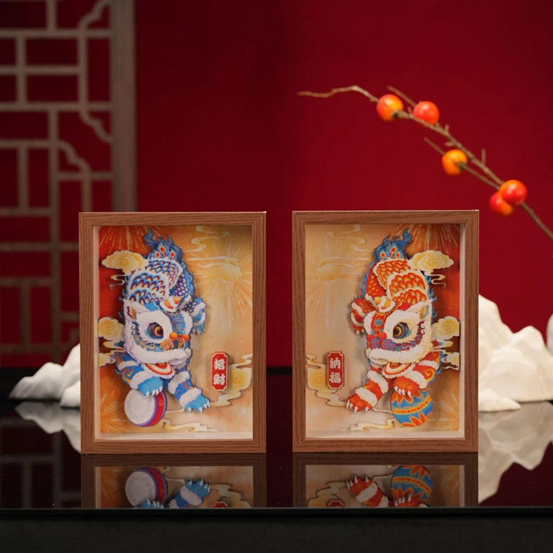 水淼醒狮纳福立体剪纸装饰摆画玄关非遗公司活动乔迁开业礼品