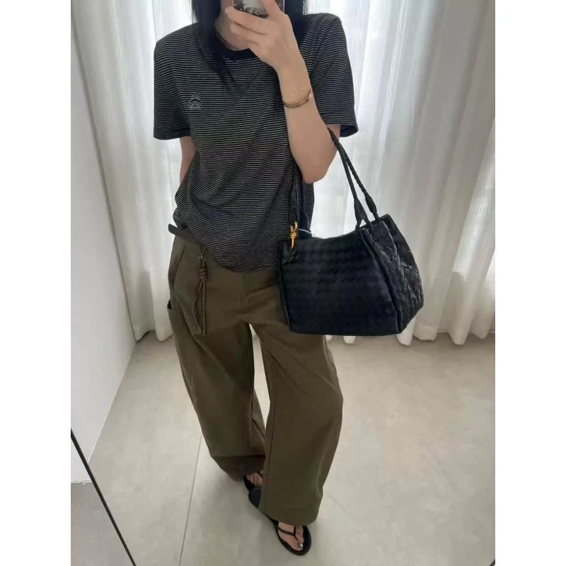 5238#早秋新款条纹短袖T恤上衣女韩版显瘦圆领刺绣打底衫叠穿