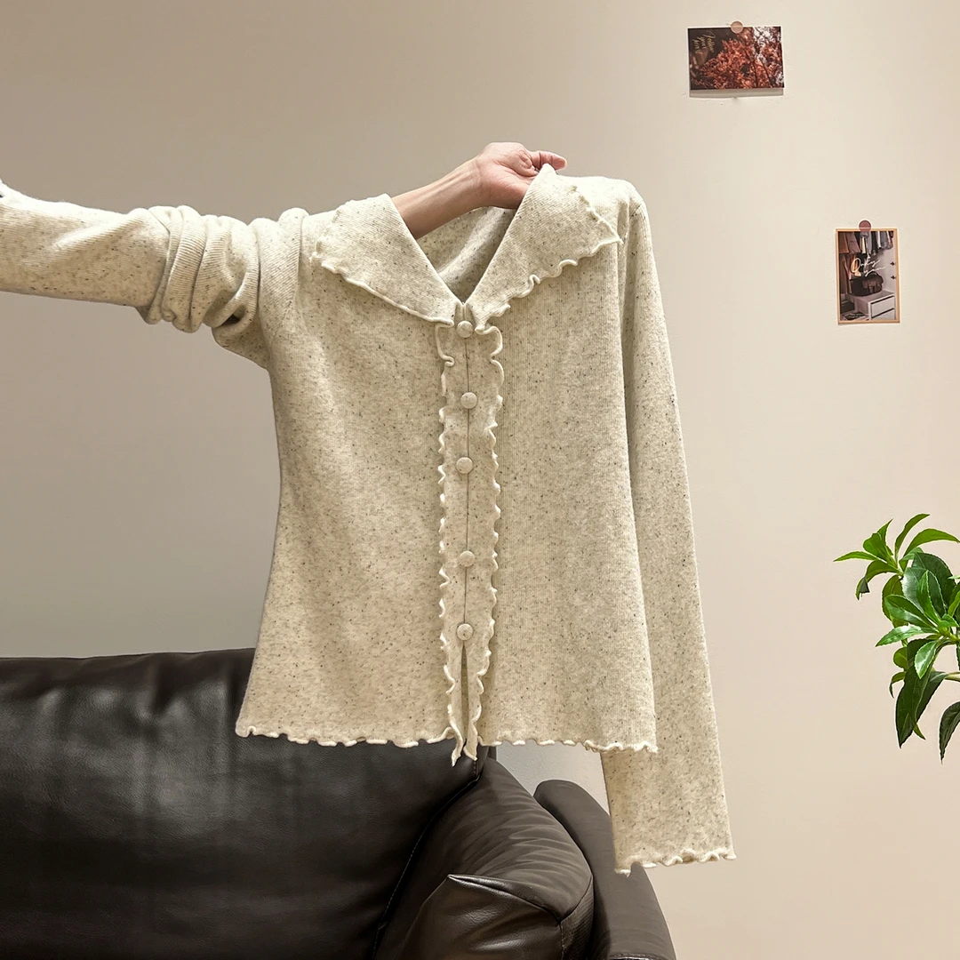 温柔甜美风木耳边翻领针织衫女2025年秋冬季修身长袖内搭打底上衣
