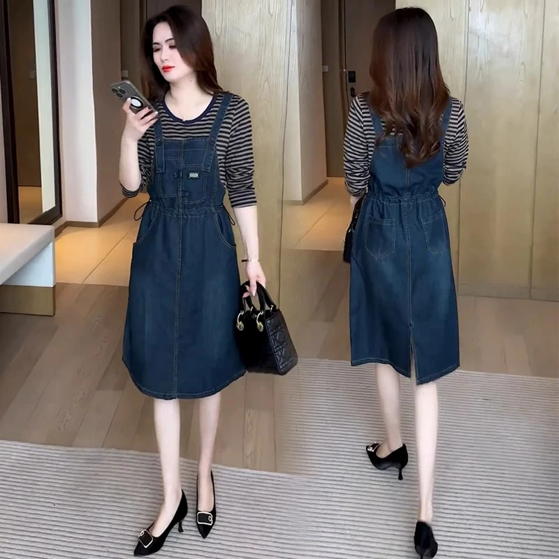 假两件牛仔连衣裙女2025春季新款收腰显瘦中长款减龄休闲背带裙子