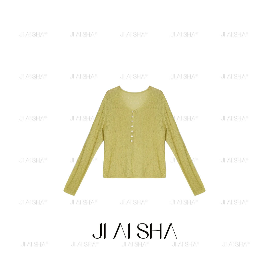 JAS 今屿 亚麻开衫纯色简约V领度假风轻薄针织开衫 JAS-AN-5046