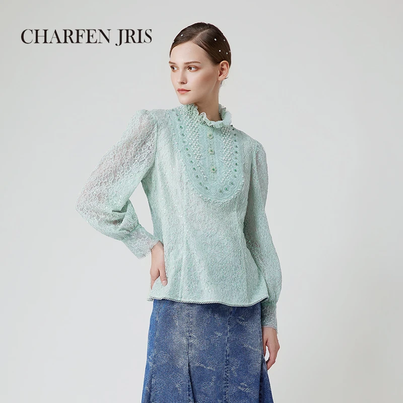 【媛媛专享】朝峰秋季法式浪漫收腰立领蕾丝衬衫FJE3B618-6028T