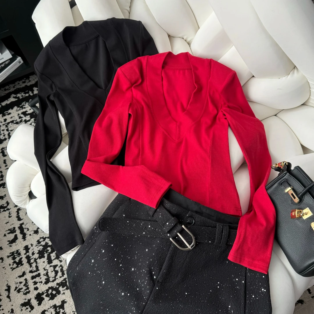 GULINA/娜姐 欧洲站简约V领设计感收腰长袖上衣修身显瘦T恤 0714