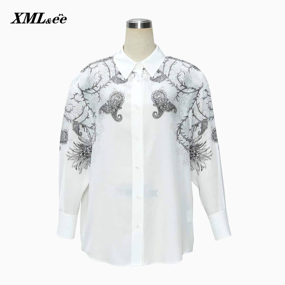 XMLee艾米尔 白底印花100%桑蚕丝质感长袖衬衫 X232C1466