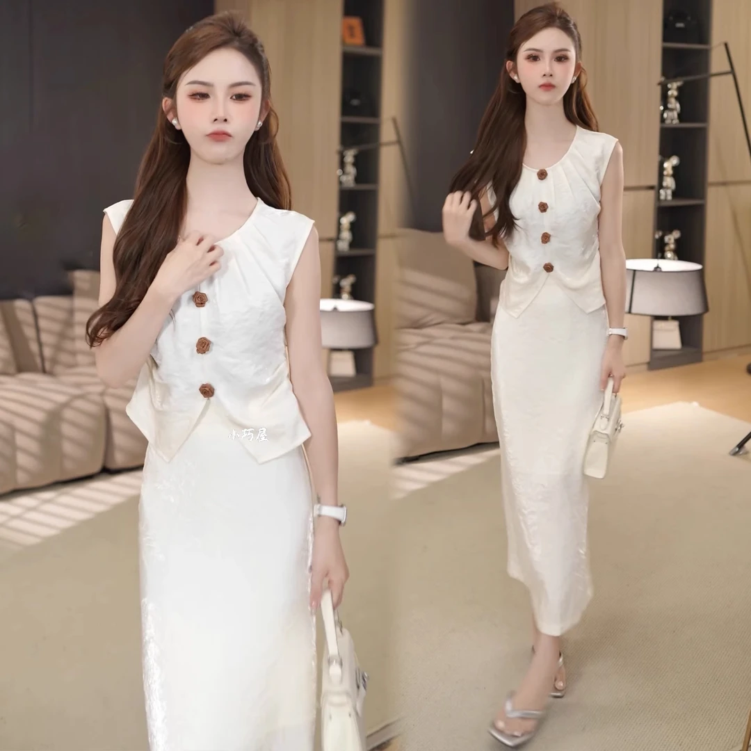 时尚立体花朵衬衫套装女2025夏季新款洋气显瘦遮肉无袖上衣半身裙