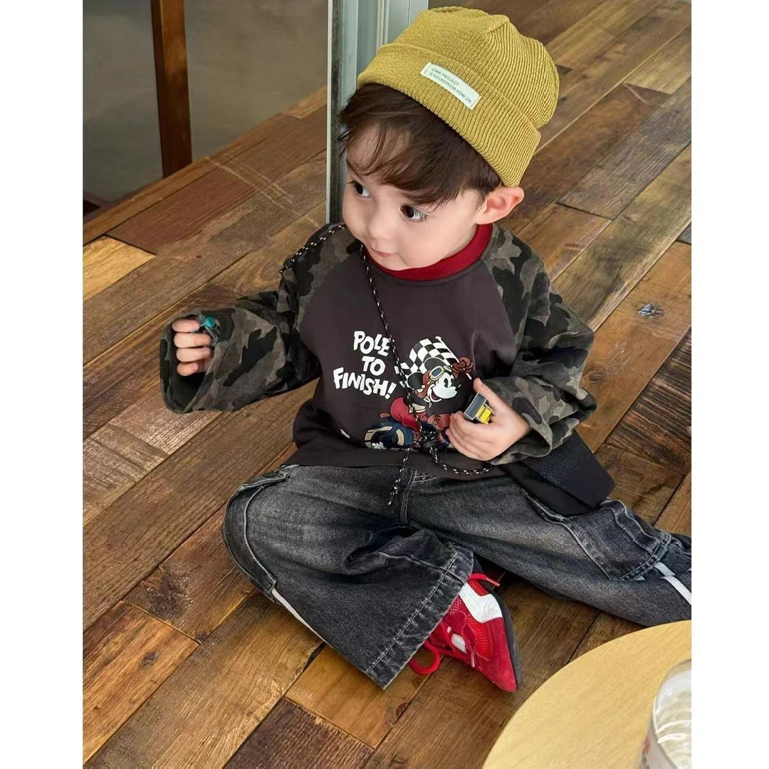 男童2025秋季新款儿童韩版洋气卡通迷彩拼接卫衣水洗潮酷痞帅童装