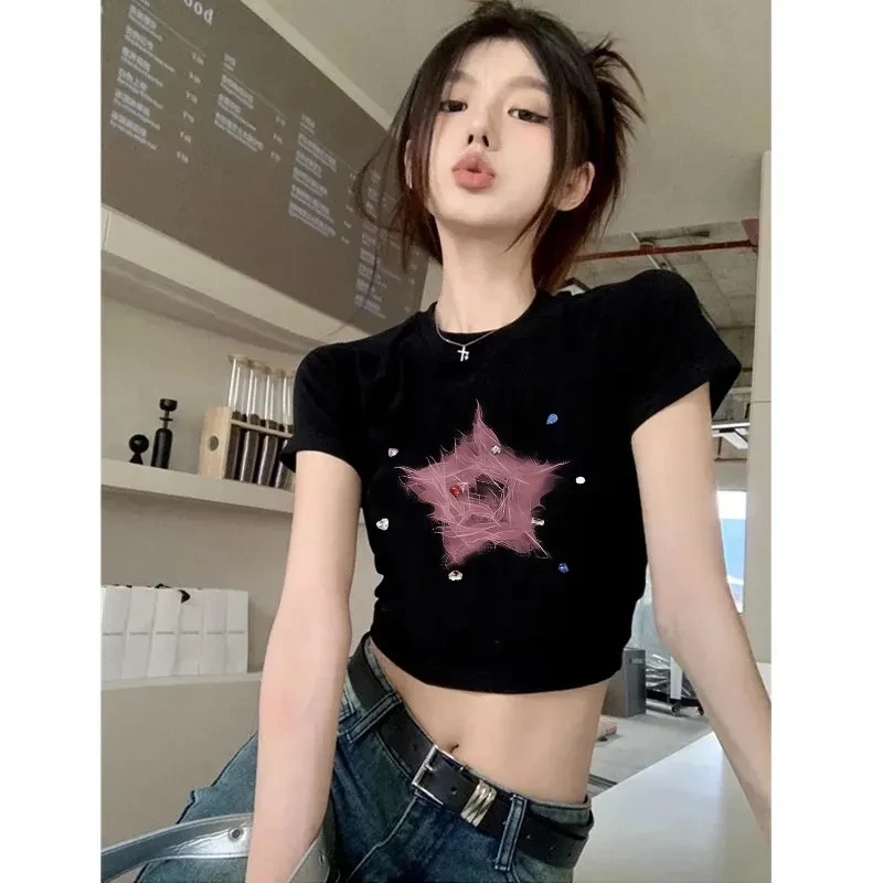 纯欲风黑色短款短袖t恤女2025夏季新款修身甜辣风设计感上衣纯棉