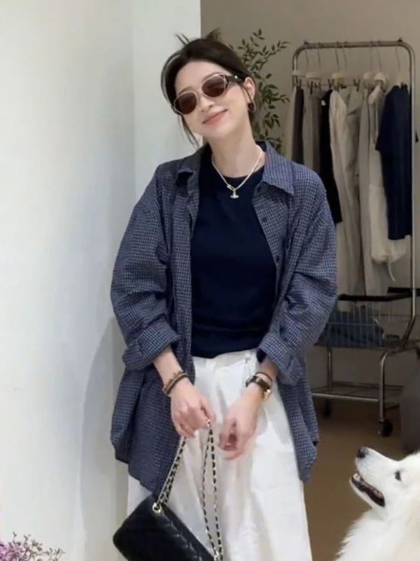 韩系复古慵懒格子衬衫+背心两件套女休闲简约显瘦单排扣外搭上衣