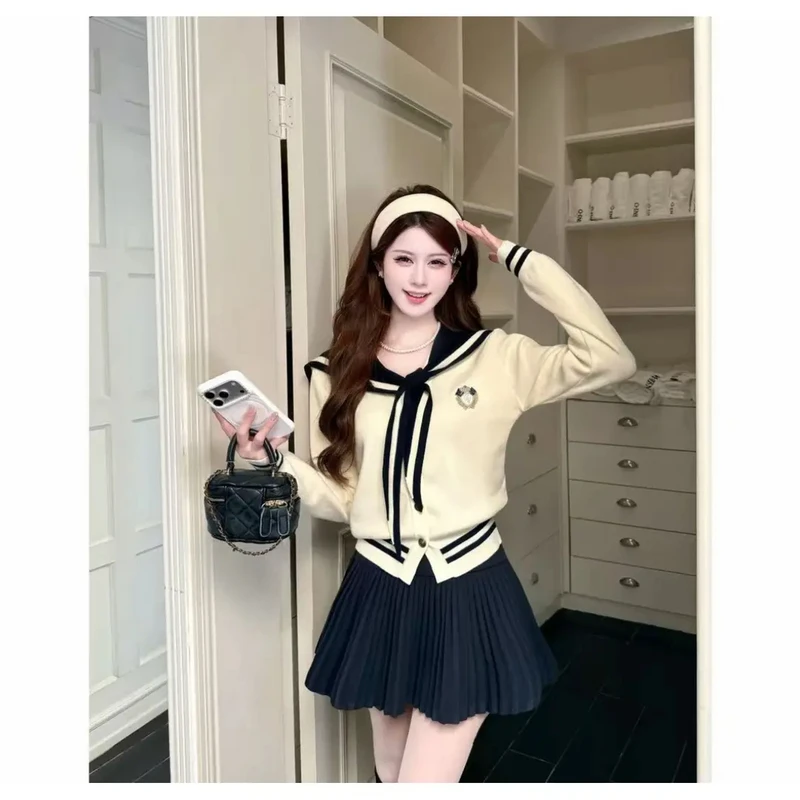 【海德校刊】学院风海军领披肩针织衫秋季百搭高腰百褶裙两件套