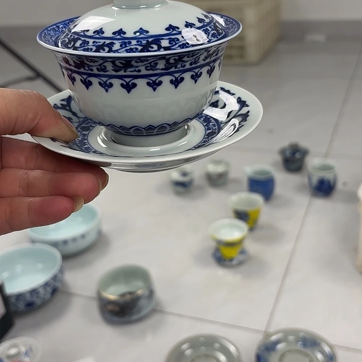 瓷片青花宝相三才元宝盖碗景德镇