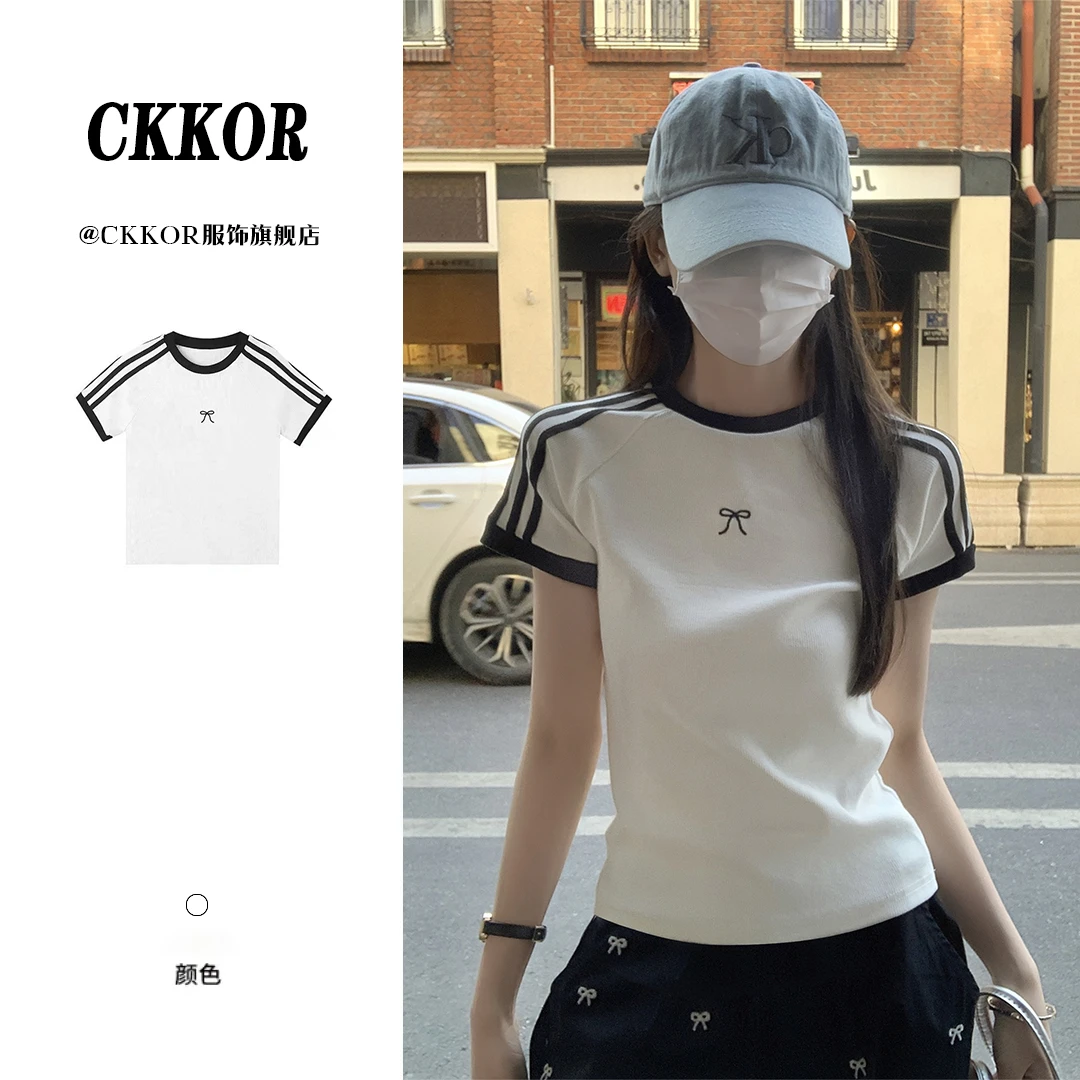 CKKOR夏季时尚百搭韩版蝴蝶结修身显瘦短袖T恤女辣妹圆领短款上衣