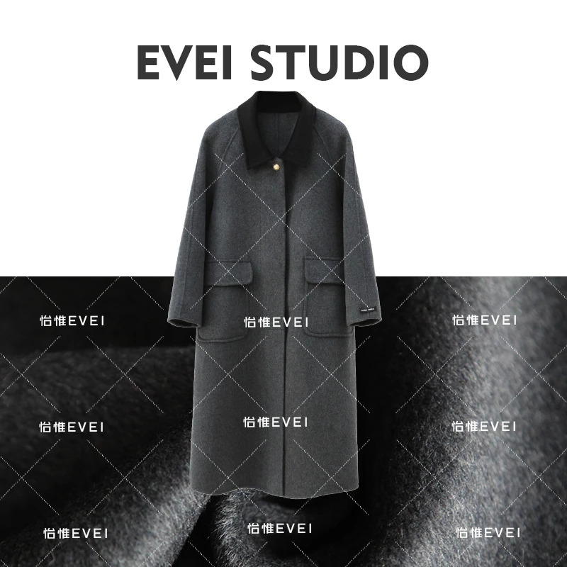 【深圳金爷】撞色领双面绵羊毛大衣女外套气质时尚百搭韩版舒适秋冬