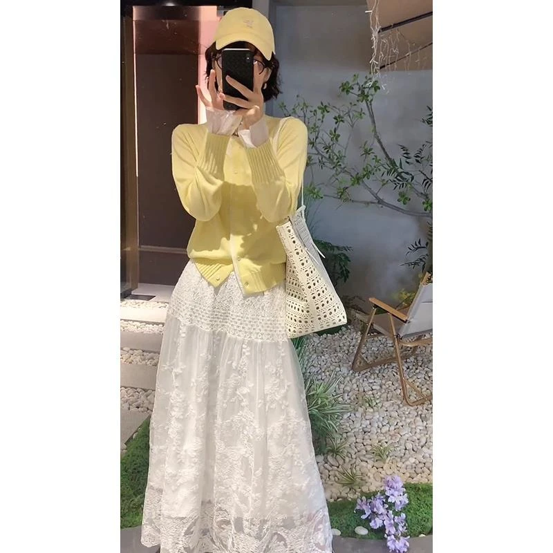 2025欧若风春夏荷叶边拼色针织开衫百搭显瘦毛衣蕾丝半身裙两件套