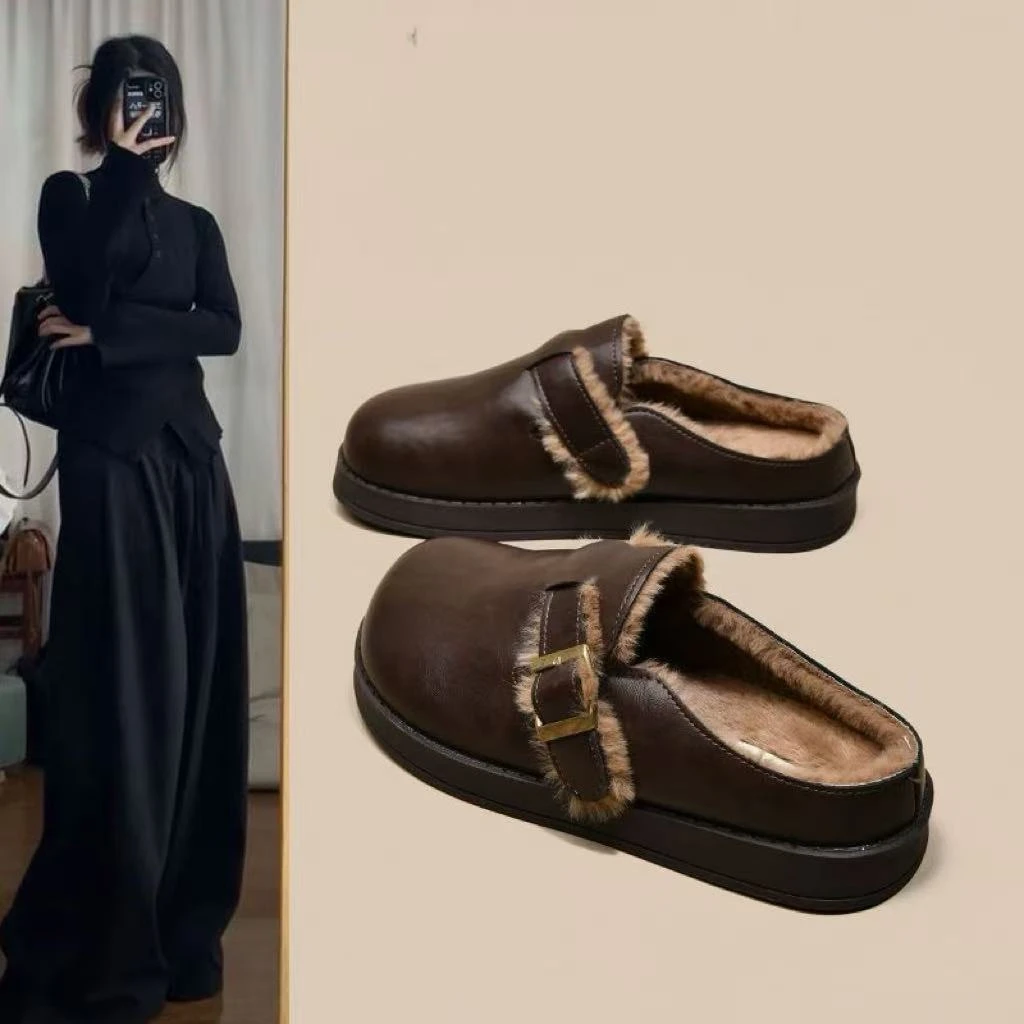 三福厚底皮面勃肯鞋女毛毛拖鞋秋冬一脚蹬包头半拖鞋加绒保暖棉拖