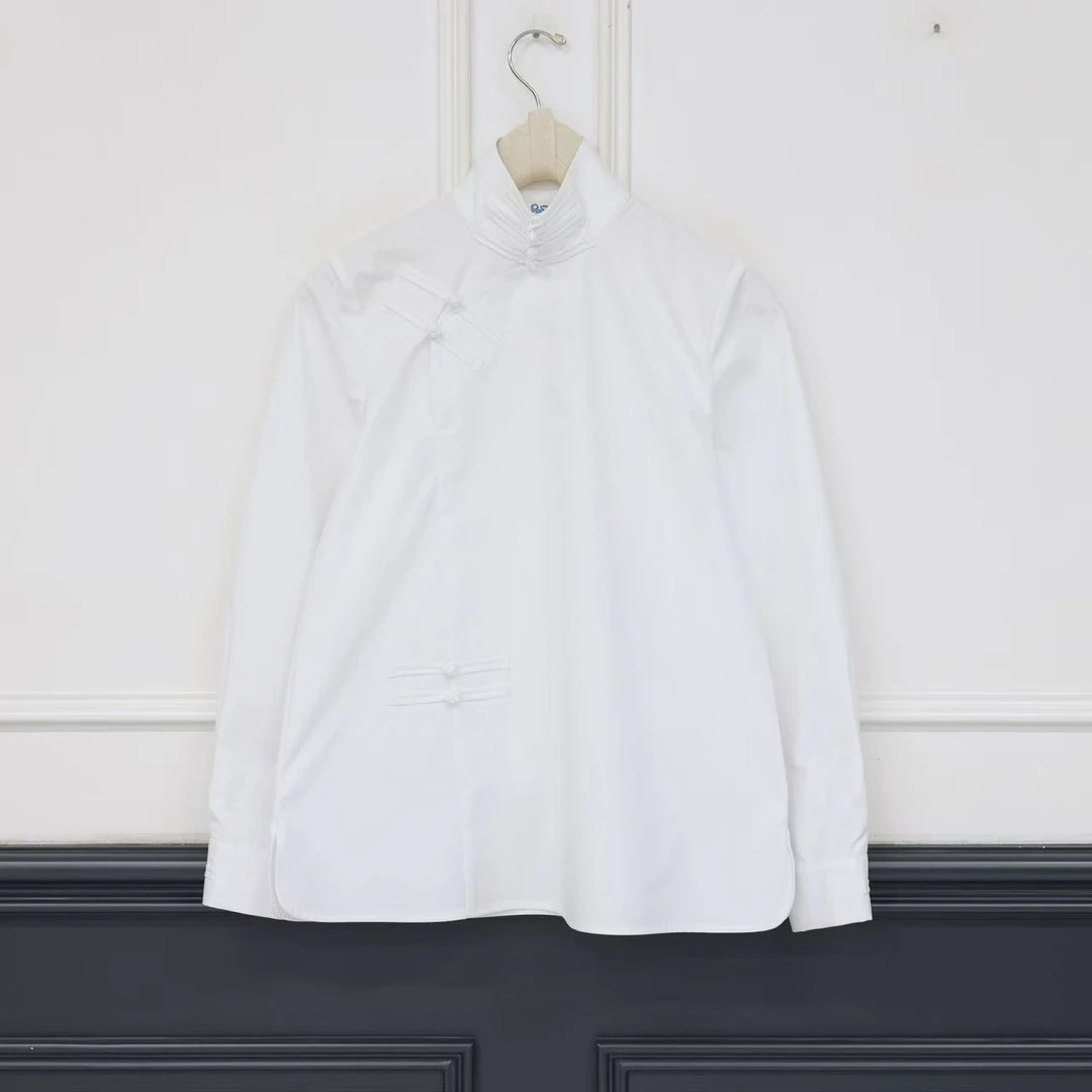2510090【壁虎姐】GECKO秋冬款新中式白色立领盘扣纯色直筒衬衫女
