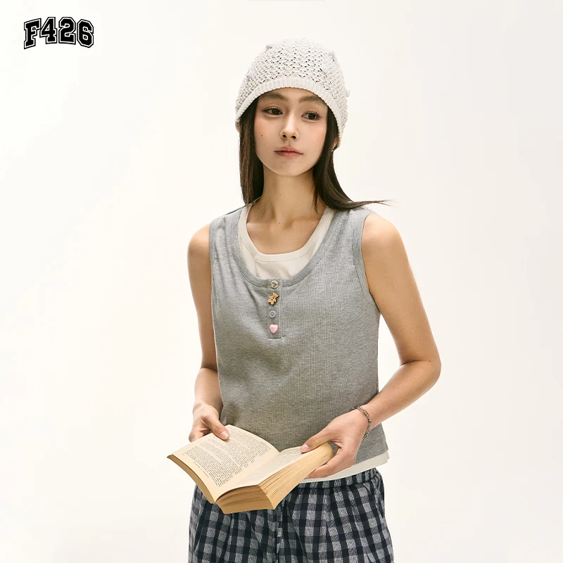 F426夏季新款趣味纽扣假两件背心吊带女款修身圆领舒适内搭6670