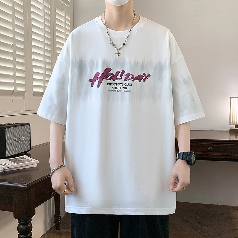 2025夏季新款圆领短袖T恤潮流男生帅气宽松休闲夏装印花半袖