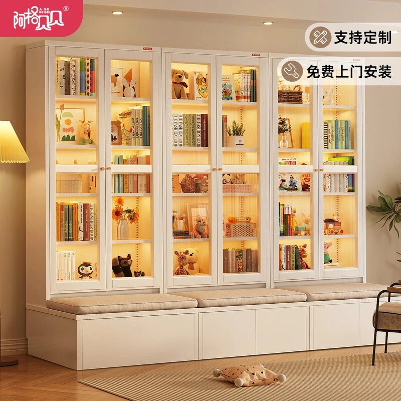书柜一体整墙去客厅化家用落地卡座书架带门书柜展示柜子
