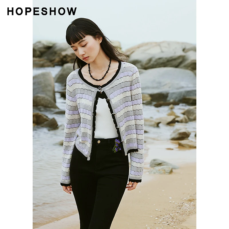 红袖秋季2023新款女装 香风撞色边单排扣圆领针织开衫89223260103